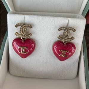 CHANEL Fuchsia Heart Earrings with Gold Logo